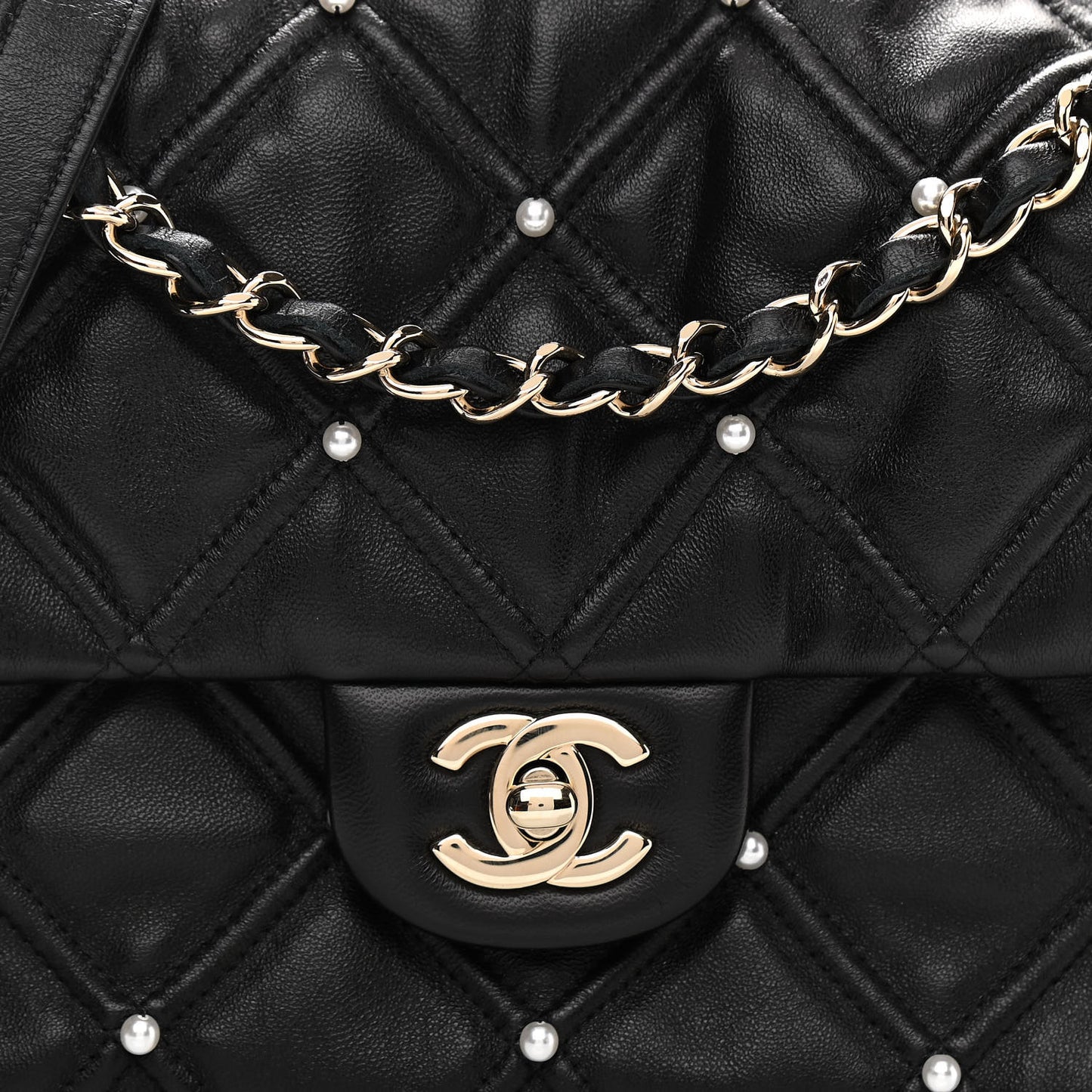 Lambskin Quilted Pearl Studded Flap Black