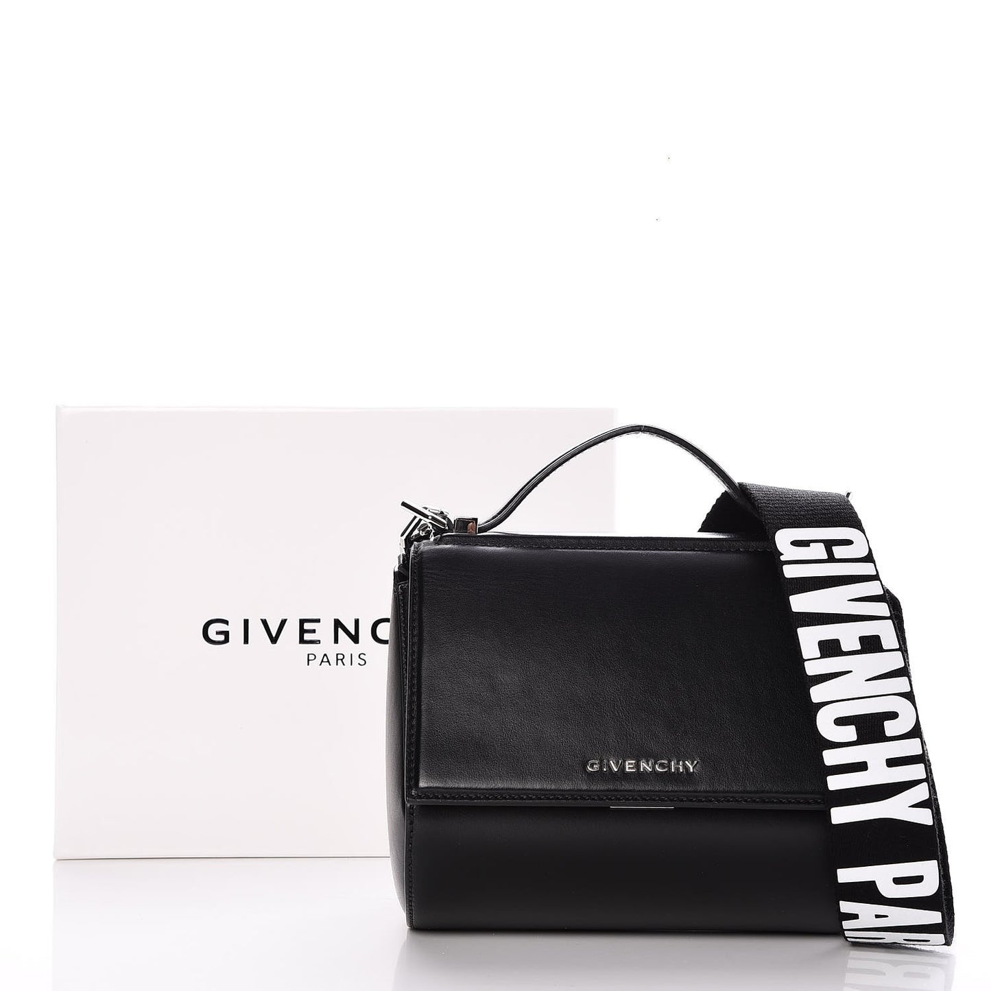 Calfskin Mini Pandora Box Logo Strap Crossbody Bag Black