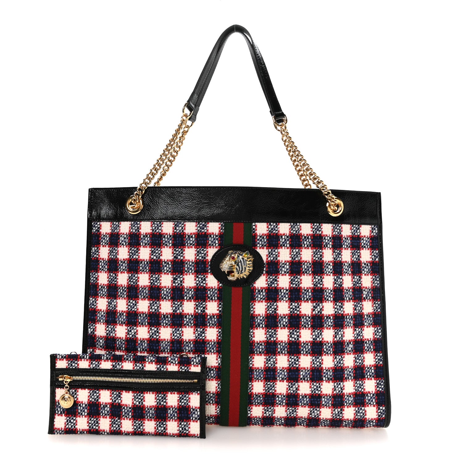 Gucci Rajah バッグ 黒と赤 チェーンストラップ付き Gucci Tweed Check Large Rajah Chain Tote Black Red 1927423