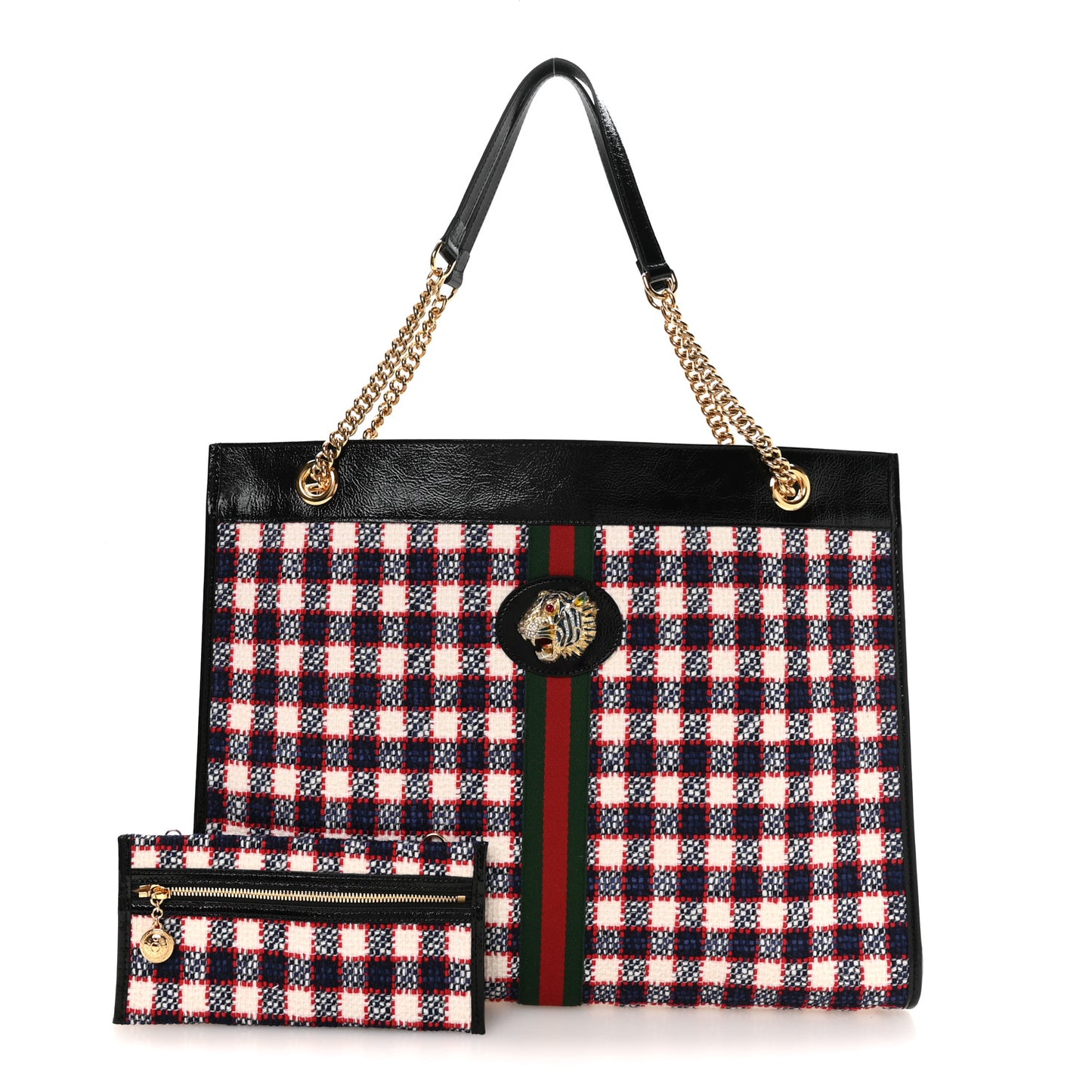 Tweed Check Large Rajah Chain Tote Black Red