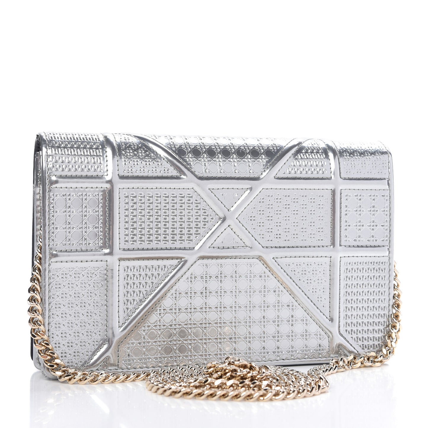 Metallic Patent Micro-Cannage Diorama Wallet on Chain Pouch Silver