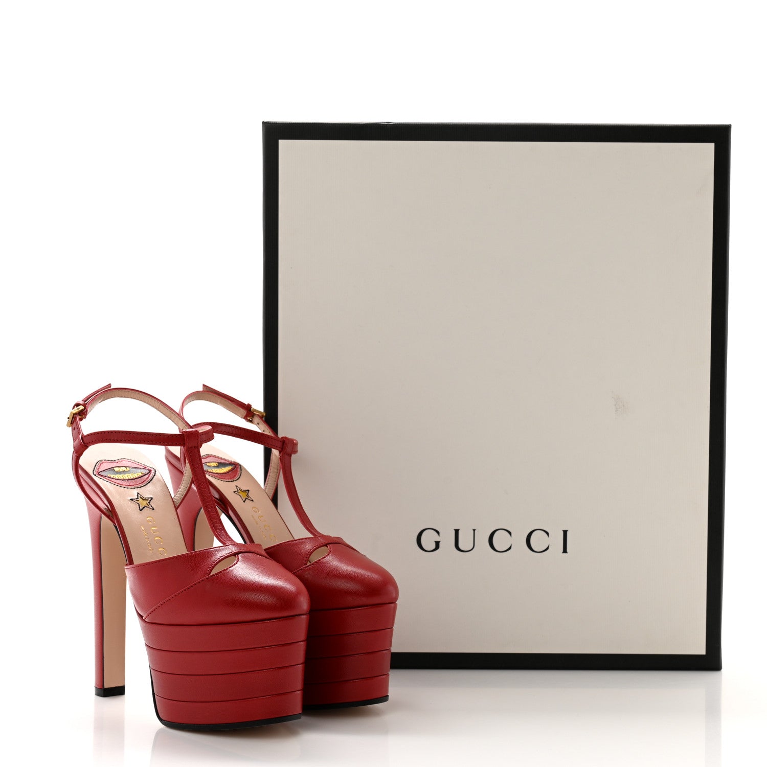 Gucci Malaga Kid Angel T-Strap Platform High Heel Pumps 34 Hibiscus Red 8 of 8