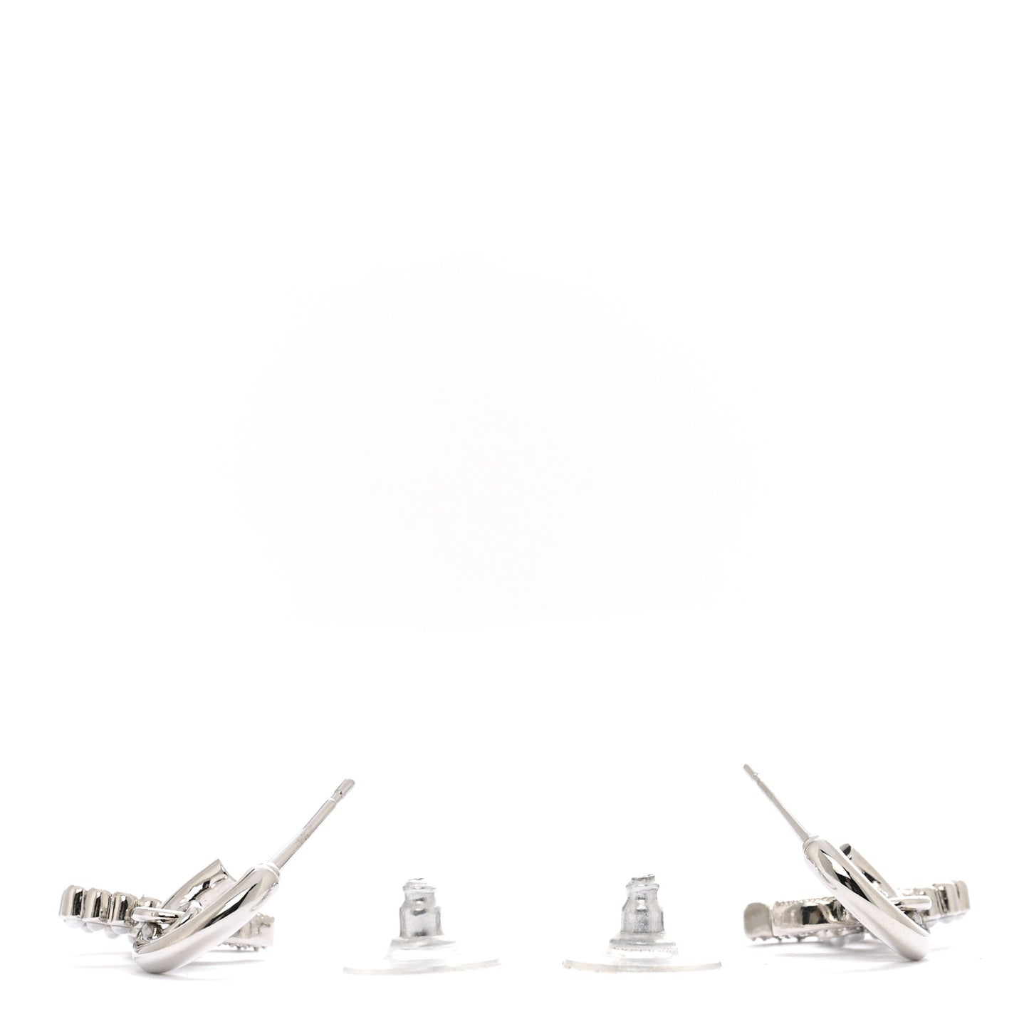 Metal Pearl Crystal CC Drop Earrings Silver