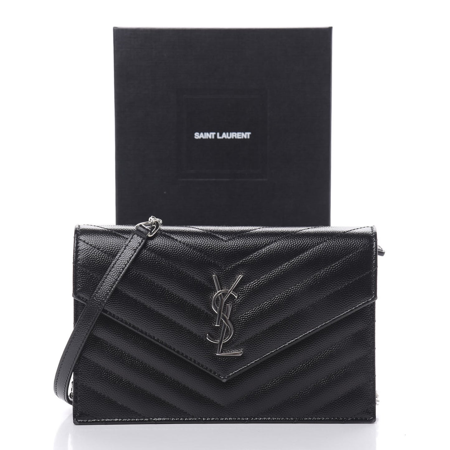 Grain De Poudre Matelasse Chevron Monogram Envelope Chain Wallet Black