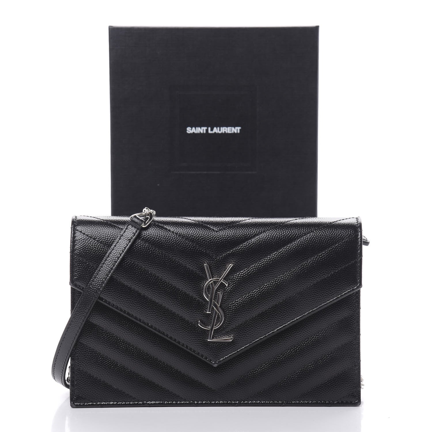 Saint Laurent Grain De Poudre Matelasse Chevron Monogram Envelope Chain Wallet Black 13 of 13