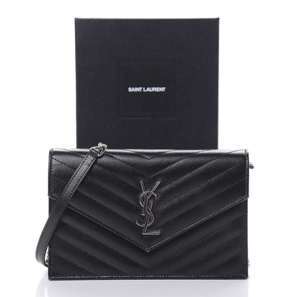 Saint Laurent Grain De Poudre Matelasse Chevron Monogram Envelope Chain Wallet Black 13 of 13