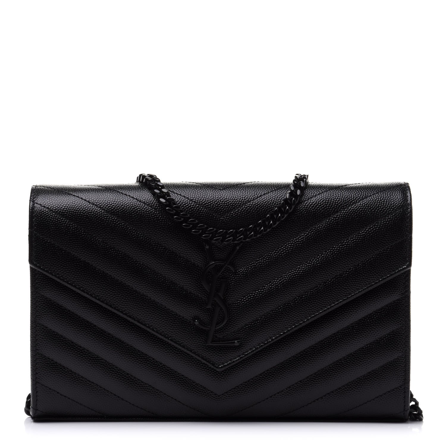 Saint Laurent Grain De Poudre Matelasse Chevron Monogram Chain Wallet Black 1 of 9