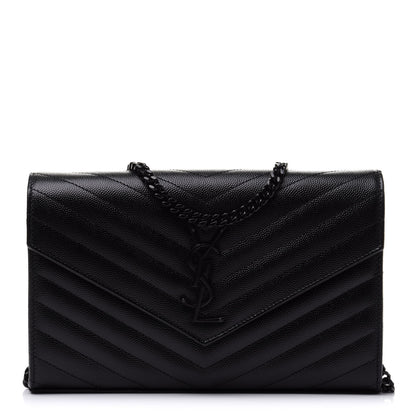 Saint Laurent Grain De Poudre Matelasse Chevron Monogram Chain Wallet Black 1 of 9