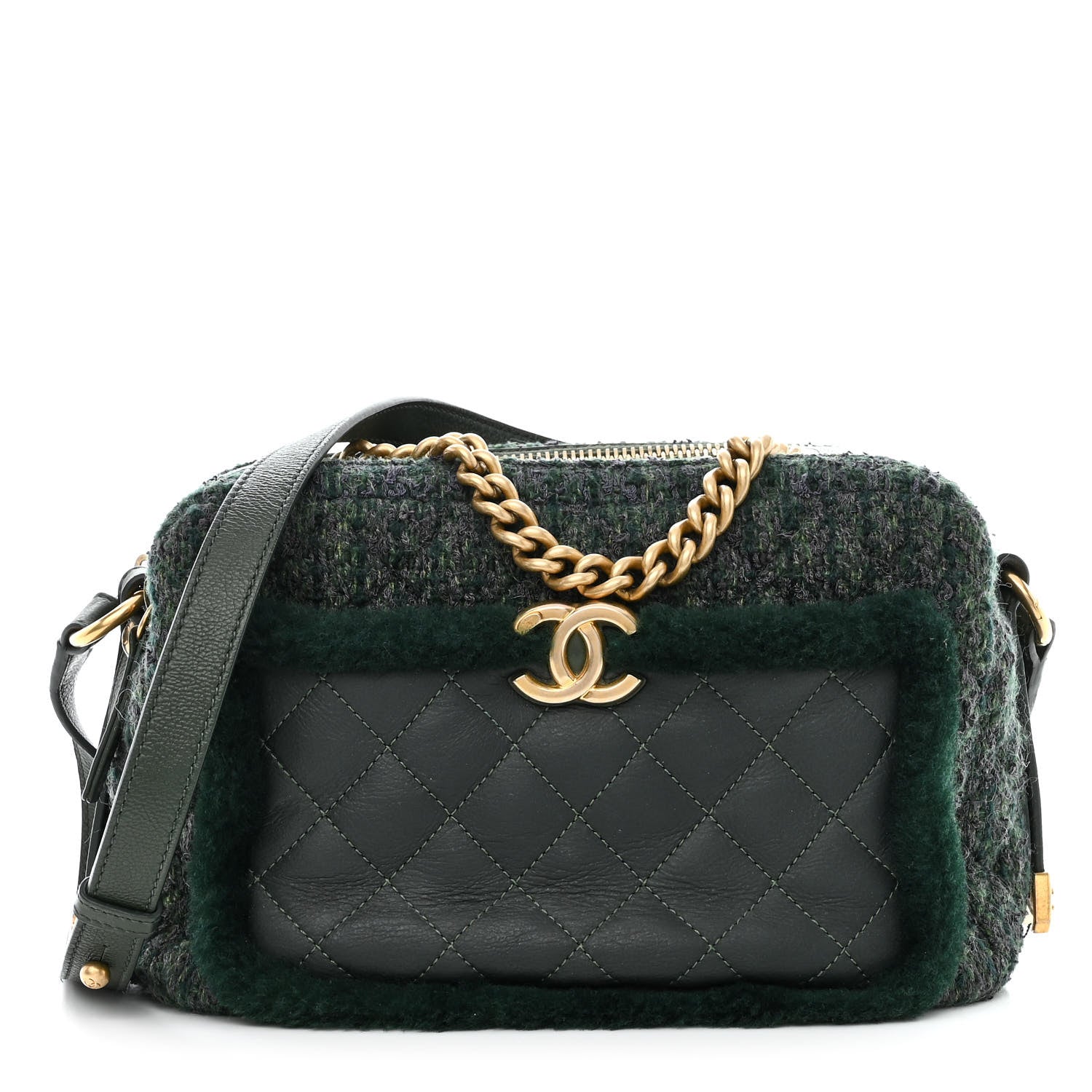 Chanel Tweed Shearling Grained Calfskin Camera Case Green 1 of 13