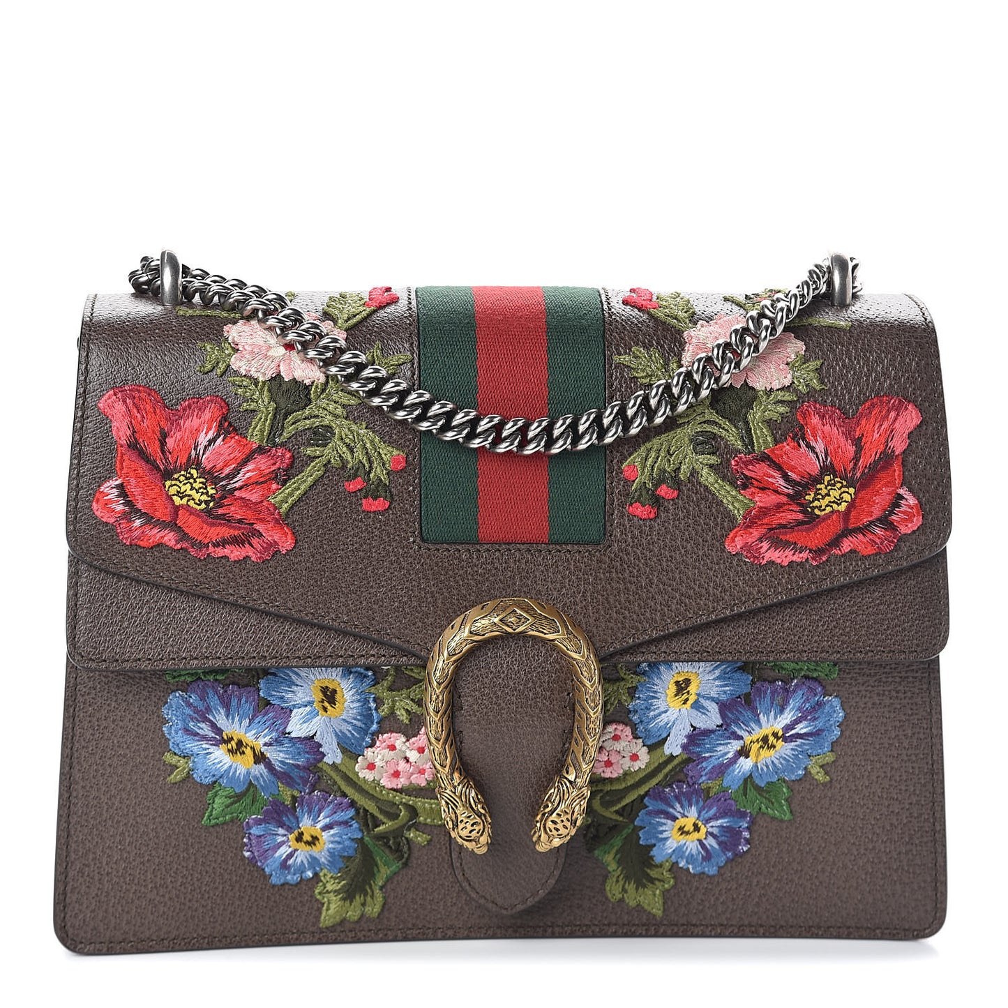 Calfskin Web Floral Embroidered Medium Dionysus Shoulder Bag New Acero