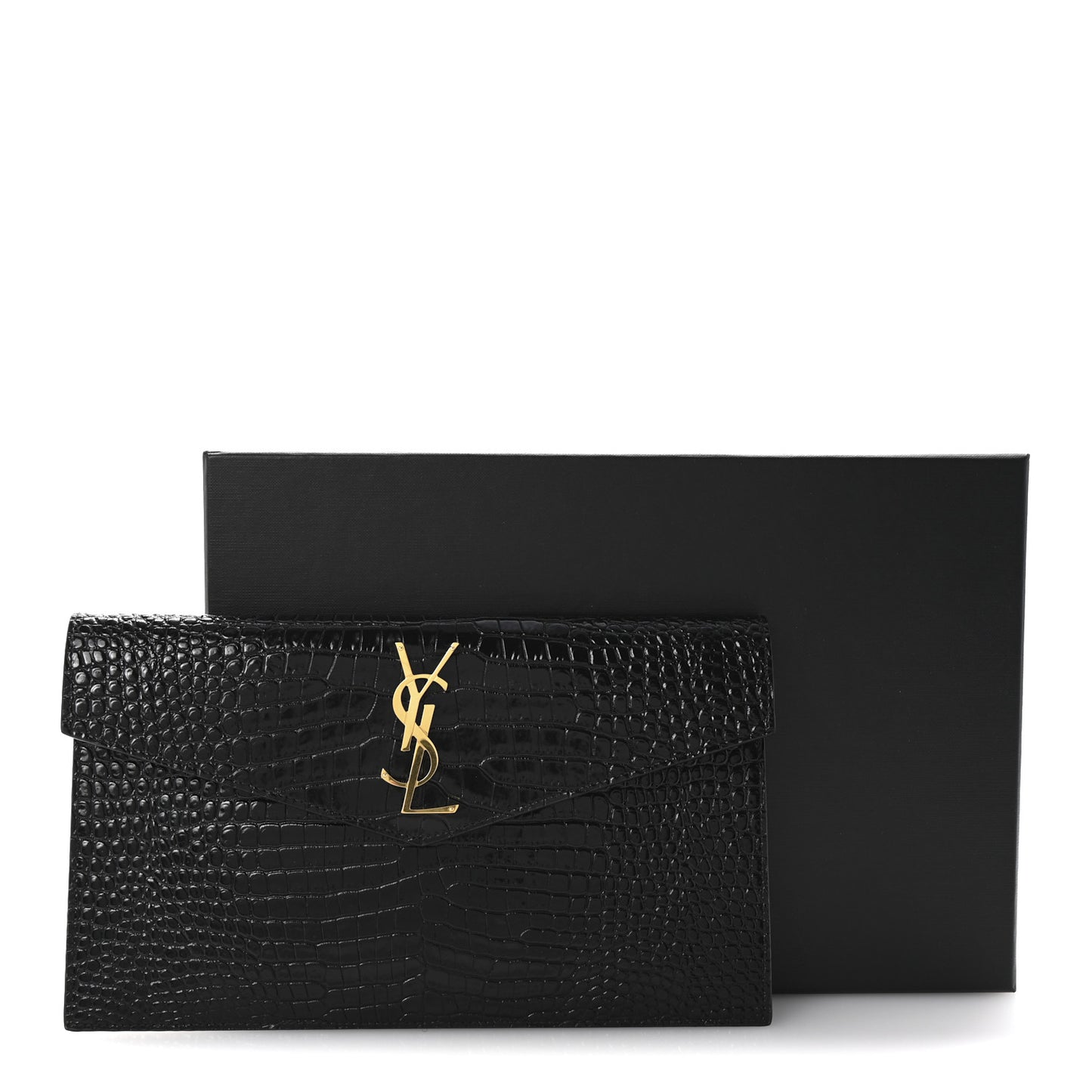 Calfskin Crocodile Embossed Uptown Monogram Pouch Black