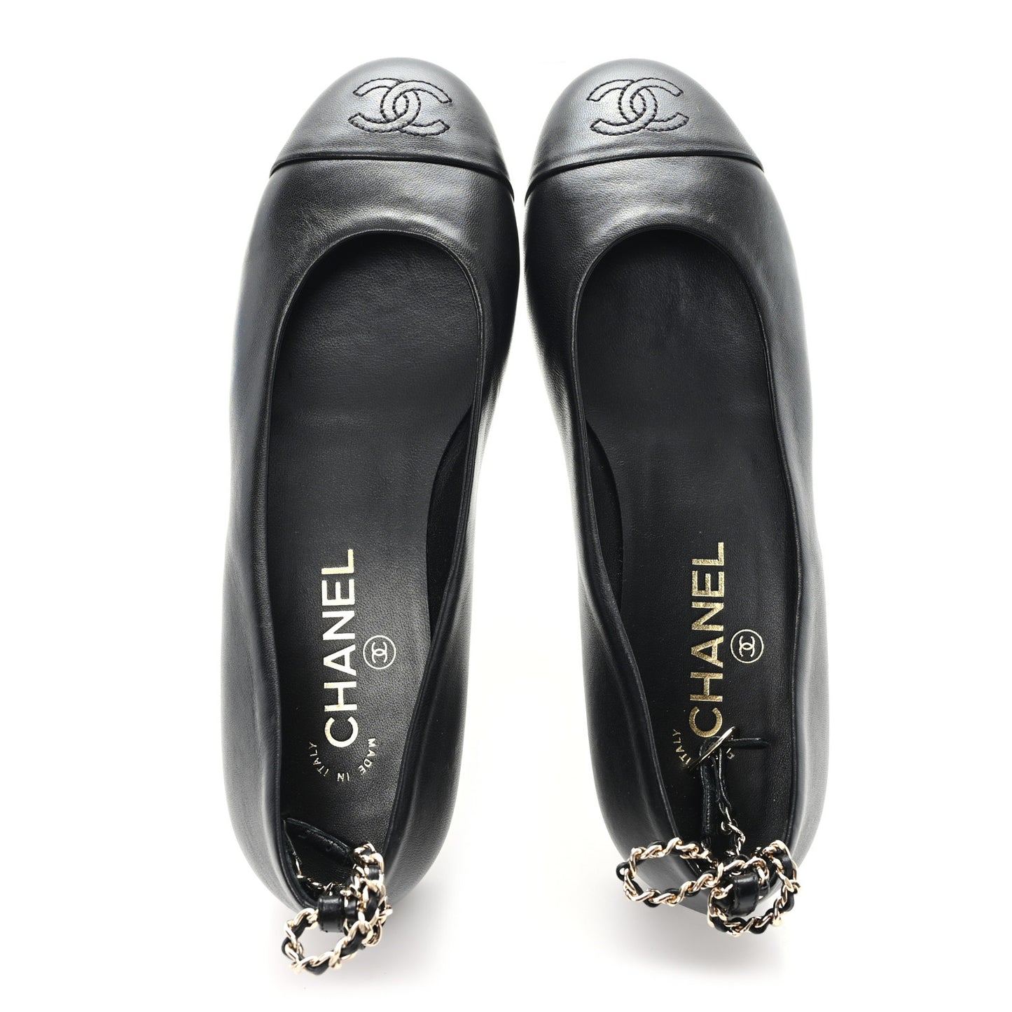 Lambskin Cap Toe CC Ankle Chain Ballerina Flats 36.5 Black