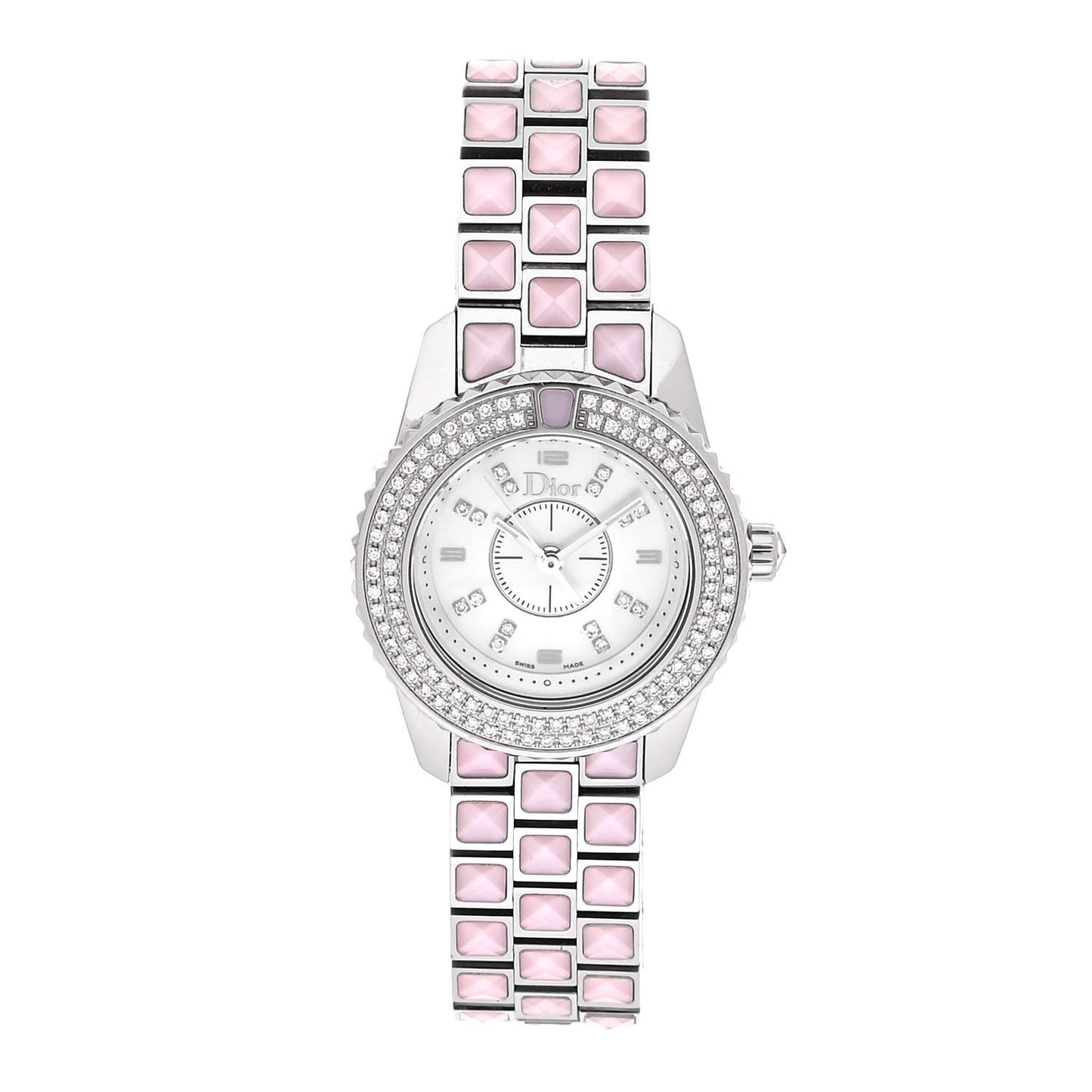Stainless Steel Diamond Pave Bezel Sapphire 29mm Christal Quartz Watch Pink