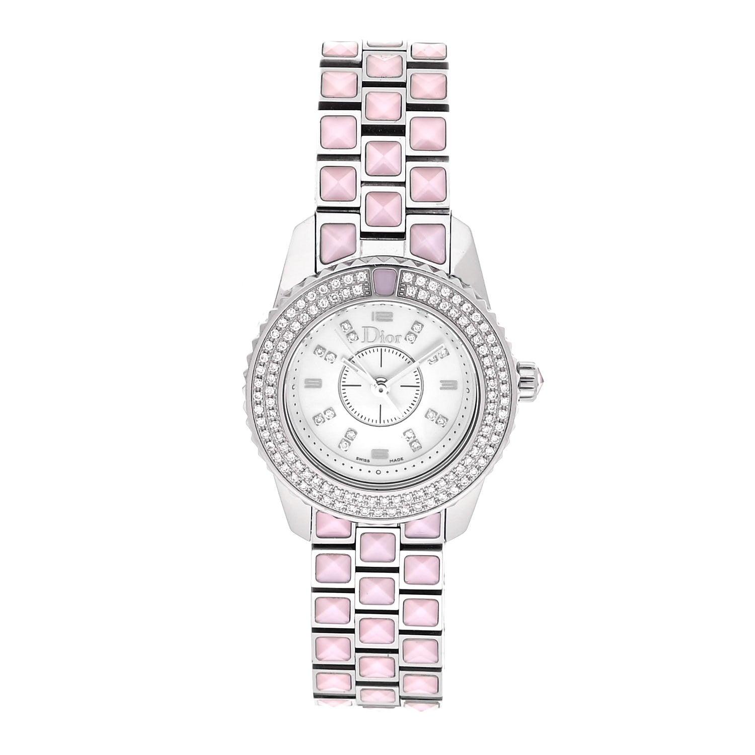 Christian Dior Stainless Steel Diamond Pave Bezel Sapphire 29mm Christal Quartz Watch Pink 1 of 5