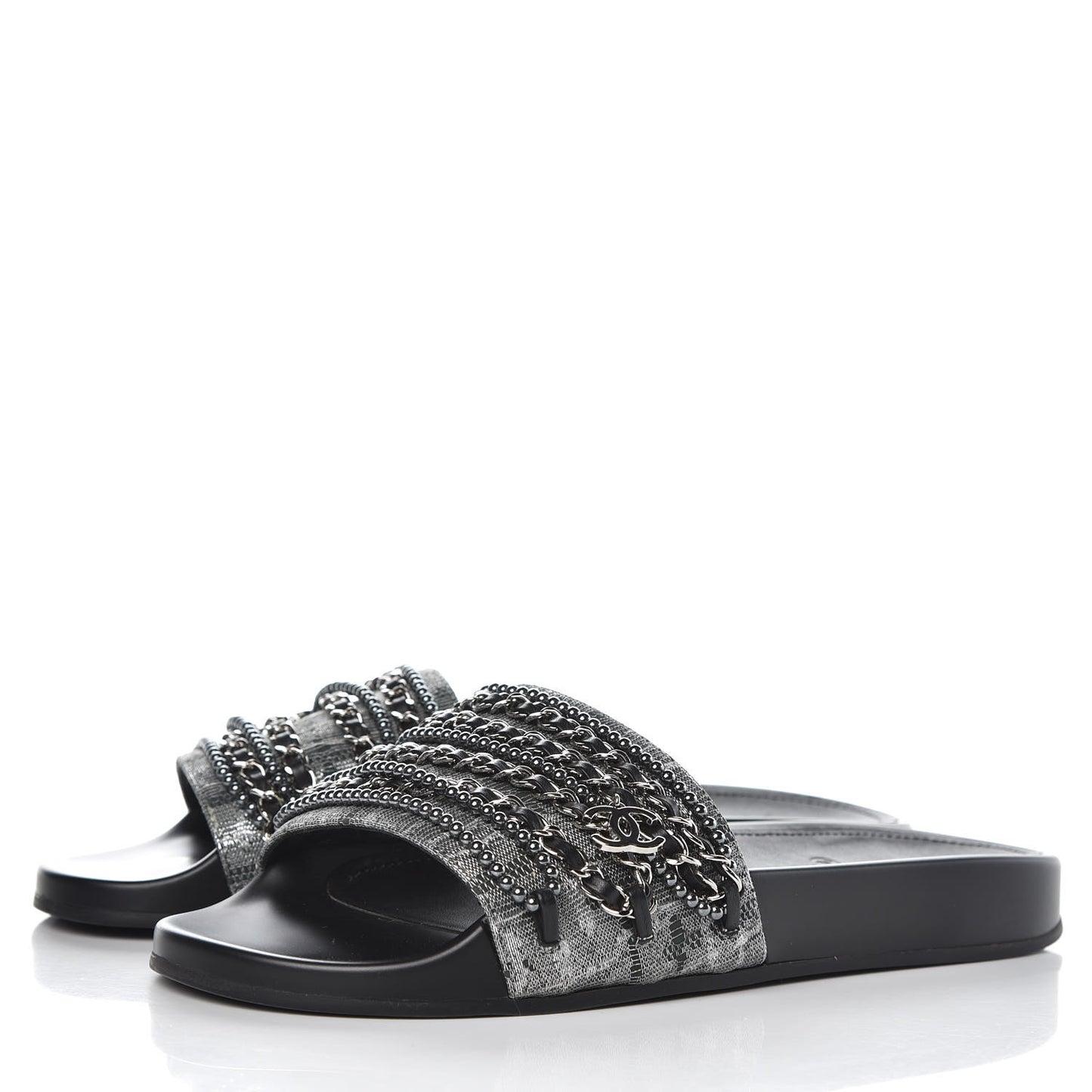 Fantasy Lambskin Pearl Chain CC Flat Mules 40 Silver Black