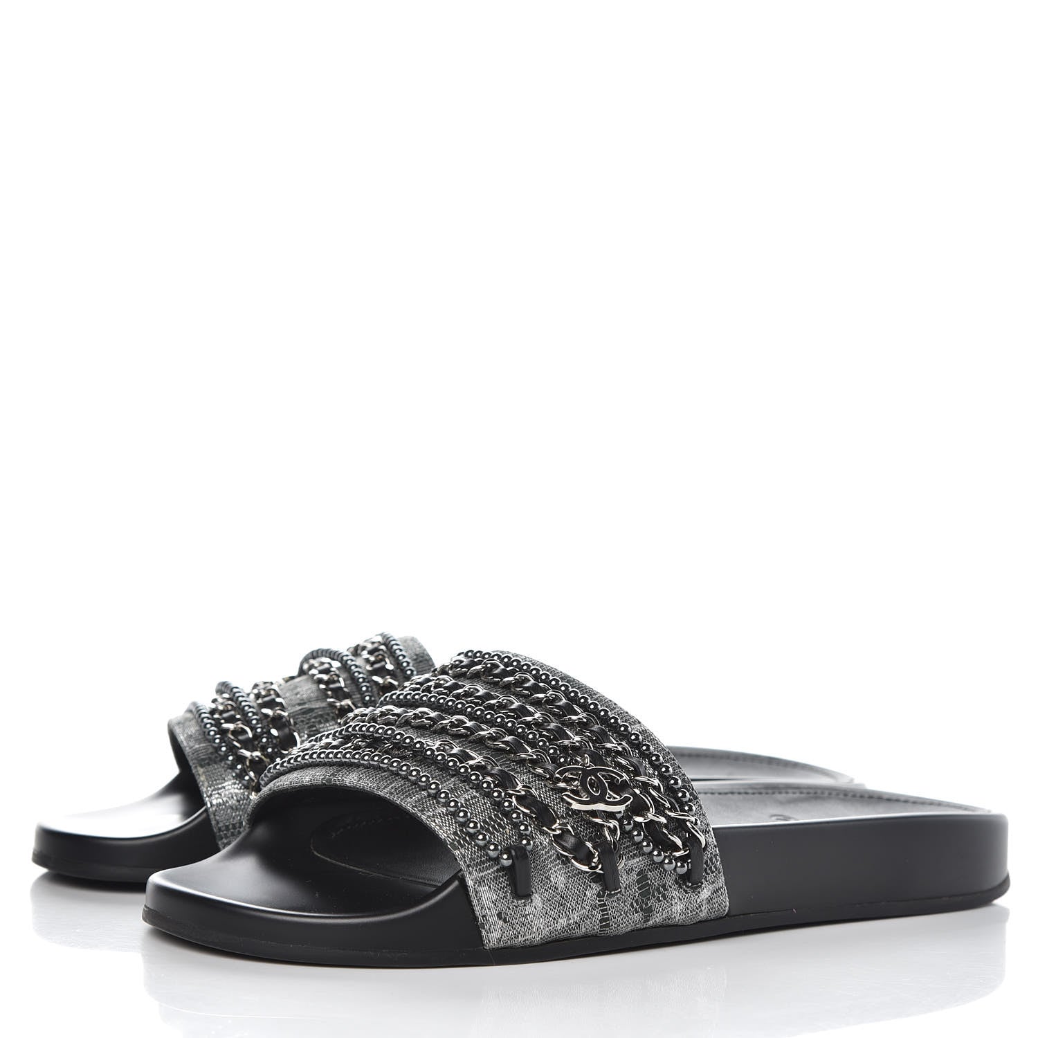 Chanel Fantasy Lambskin Pearl Chain CC Flat Mules 40 Silver Black 3 of 10