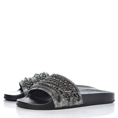 Chanel Fantasy Lambskin Pearl Chain CC Flat Mules 40 Silver Black 3 of 10