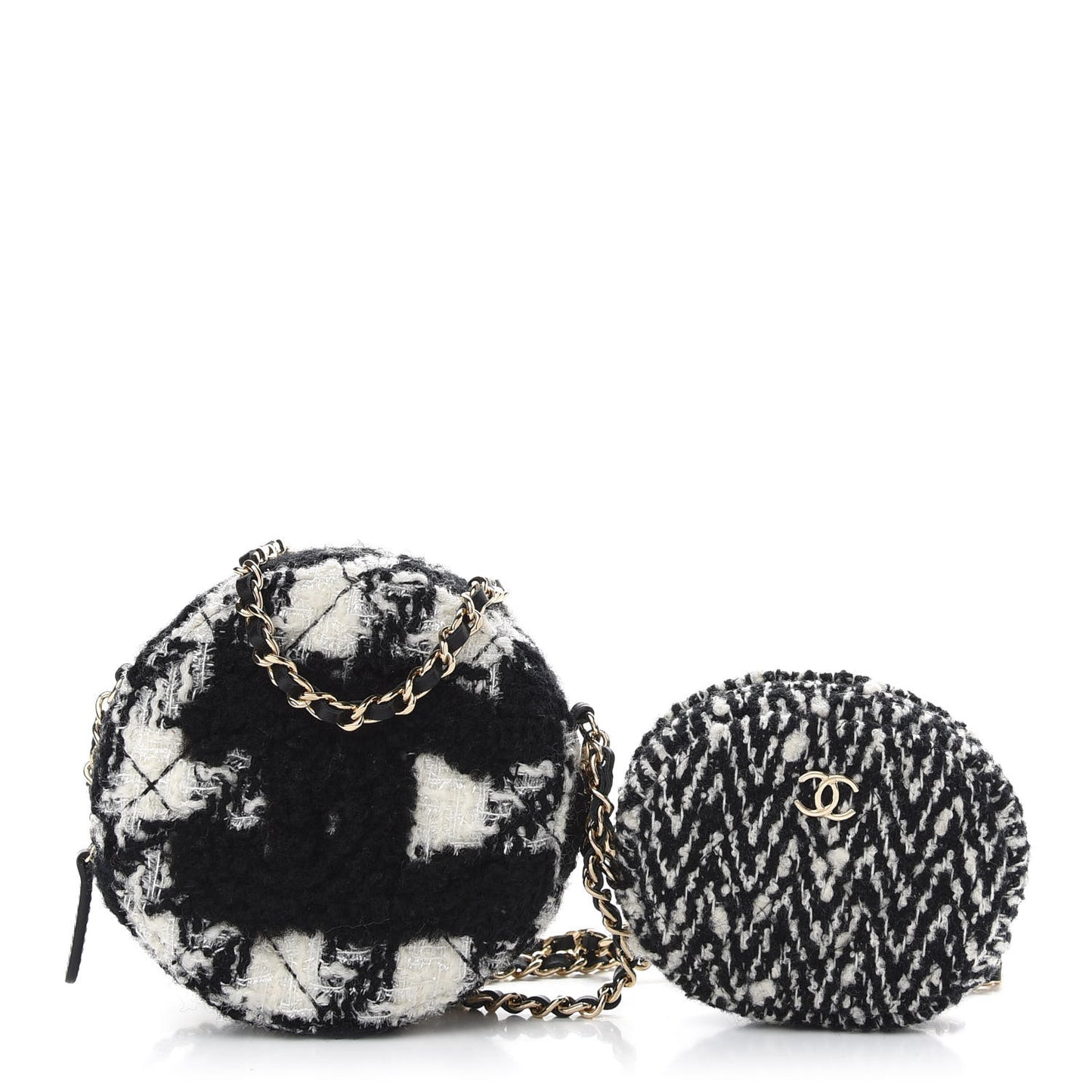 Tweed Shearling Round Clutch With Chain and Coin Purse Black and White