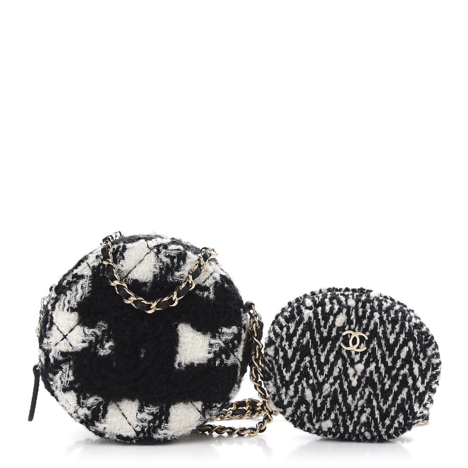 Chanel Tweed Shearling Round Clutch With Chain and Coin Purse Black and White 1 of 10