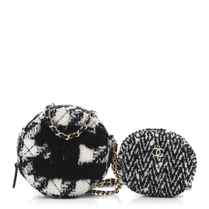 Chanel Tweed Shearling Round Clutch With Chain and Coin Purse Black and White 1 of 10