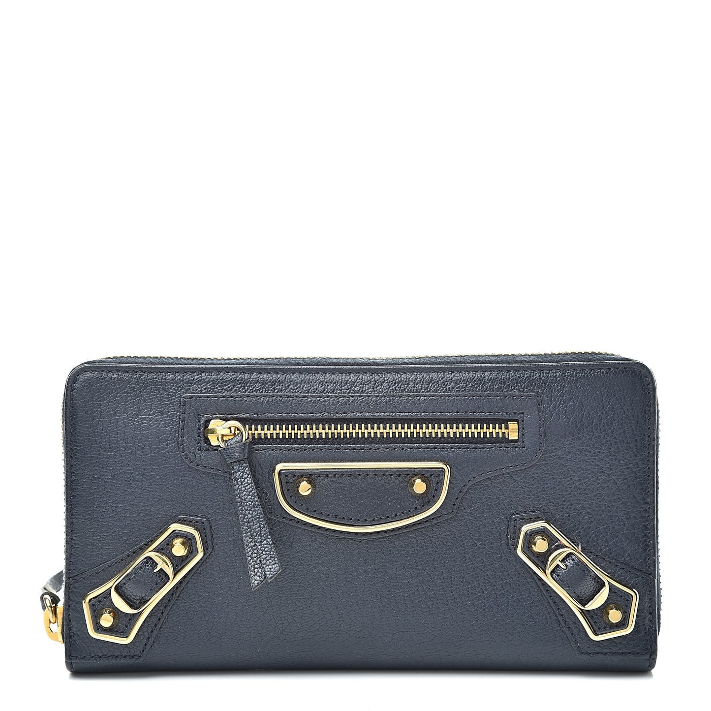 Chevre Gold Metallic Edge Hardware Continental Zip Around Wallet Bleu Nuit