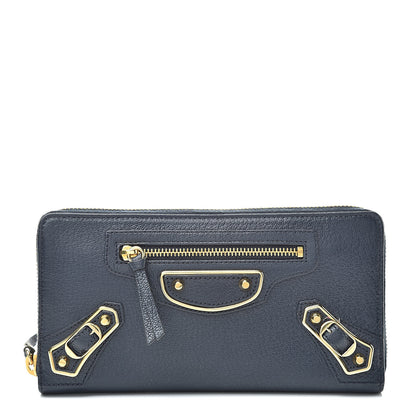 Balenciaga Chevre Gold Metallic Edge Hardware Continental Zip Around Wallet Bleu Nuit 1 of 8