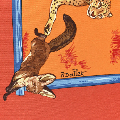 Hermes Silk Tendresse Feline Scarf 90 Brique Orange Bleu 10 of 12