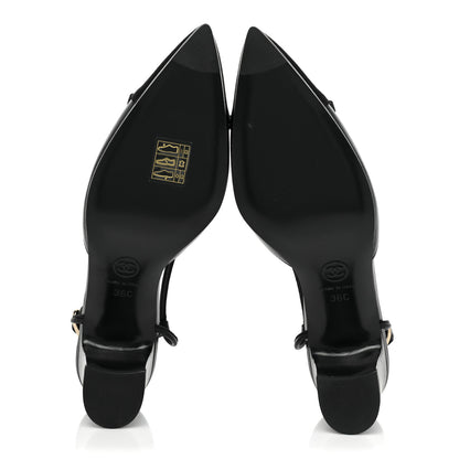 Chanel Lambskin Satin Slingback Cap Toe Bow Pumps 36 Black 6 of 10