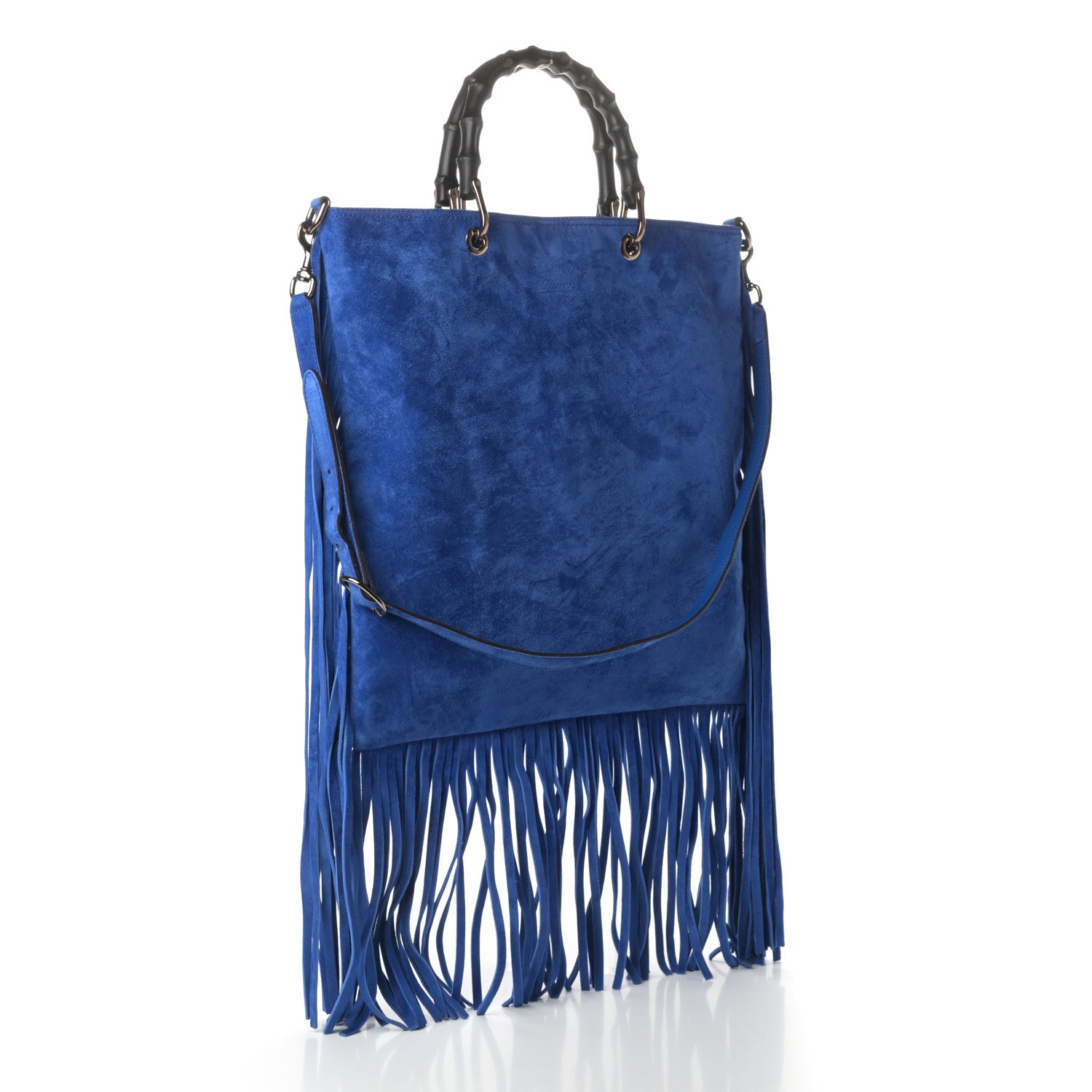 Gucci Suede Bamboo Fringe Small Shopper Tote Blue 3 of 13