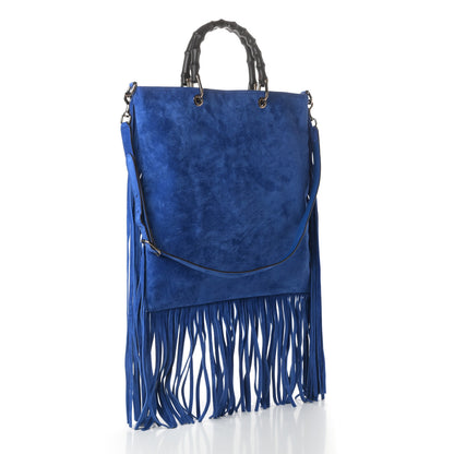 Gucci Suede Bamboo Fringe Small Shopper Tote Blue 3 of 13