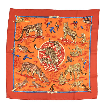 Hermes Silk Tendresse Feline Scarf 90 Brique Orange Bleu 2 of 12