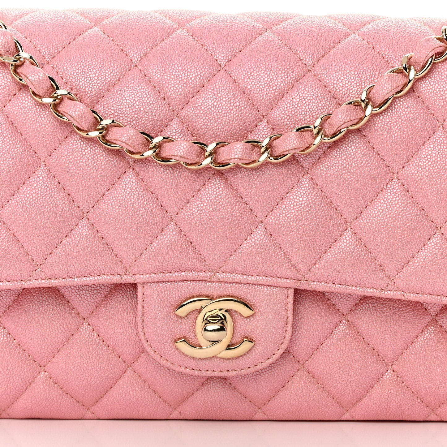 Iridescent Caviar Quilted Medium Double Flap Rose Pink