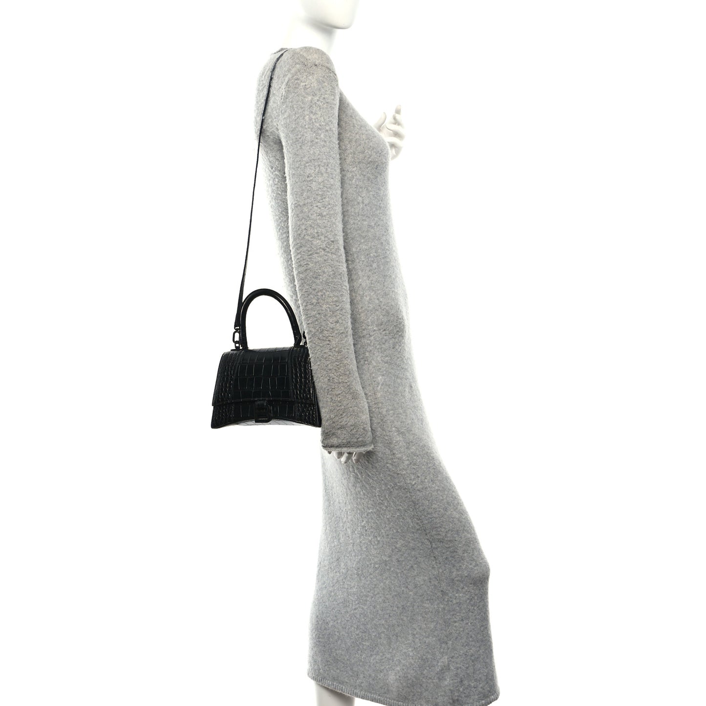 Shiny Calfskin Monochrome Crocodile Embossed Small Hourglass Top Handle Bag Black