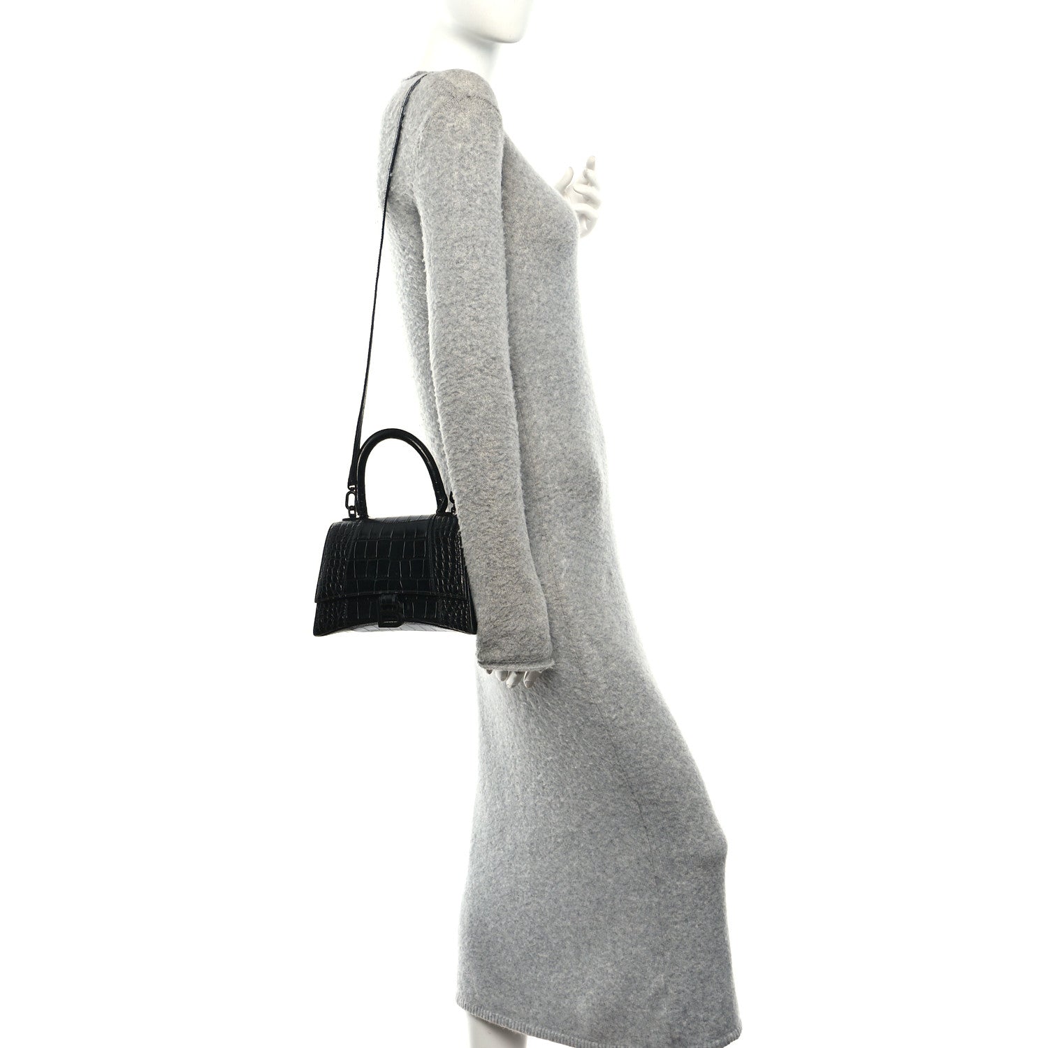 Balenciaga Shiny Calfskin Monochrome Crocodile Embossed Small Hourglass Top Handle Bag Black 2 of 14