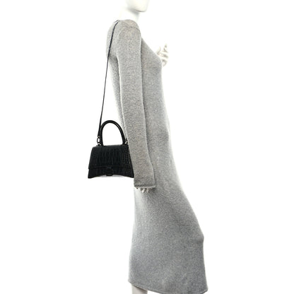 Balenciaga Shiny Calfskin Monochrome Crocodile Embossed Small Hourglass Top Handle Bag Black 2 of 14