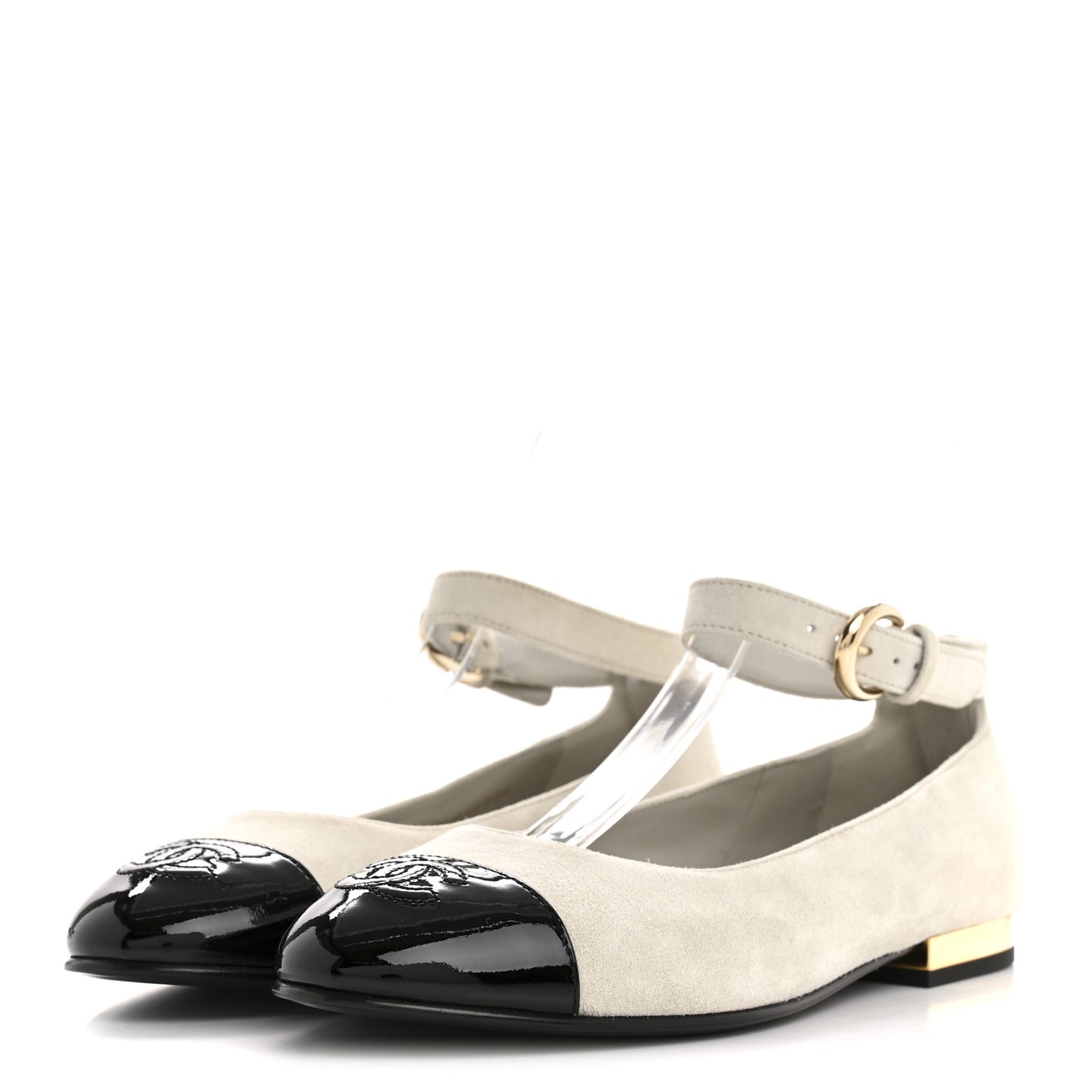 Suede Calfskin Patent Calfskin Cap Toe CC Mary Jane Flats 36.5 Light Gray Black