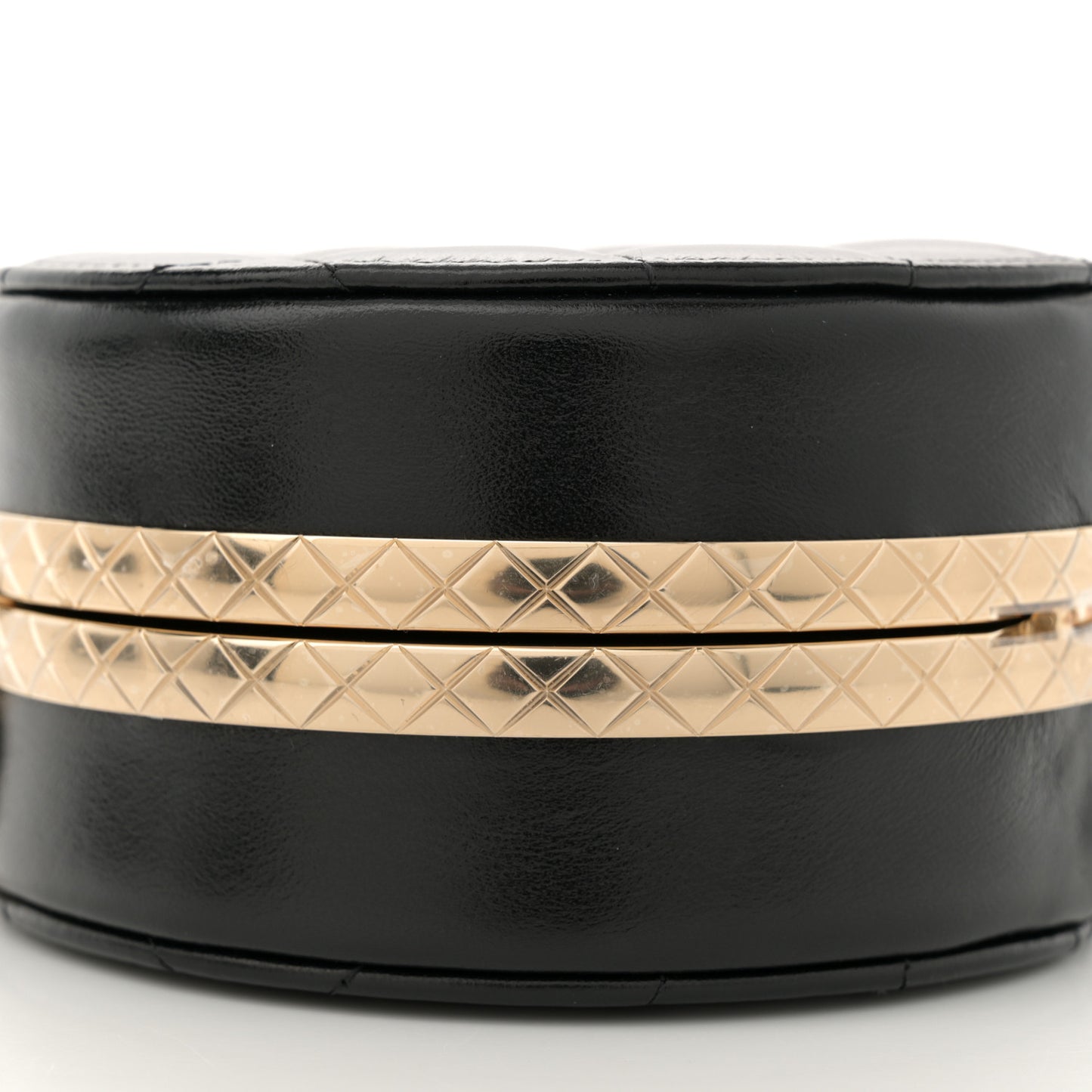 Metal Lambskin Quilted Round Lock Frame Vanity Clutch With Chain Black
