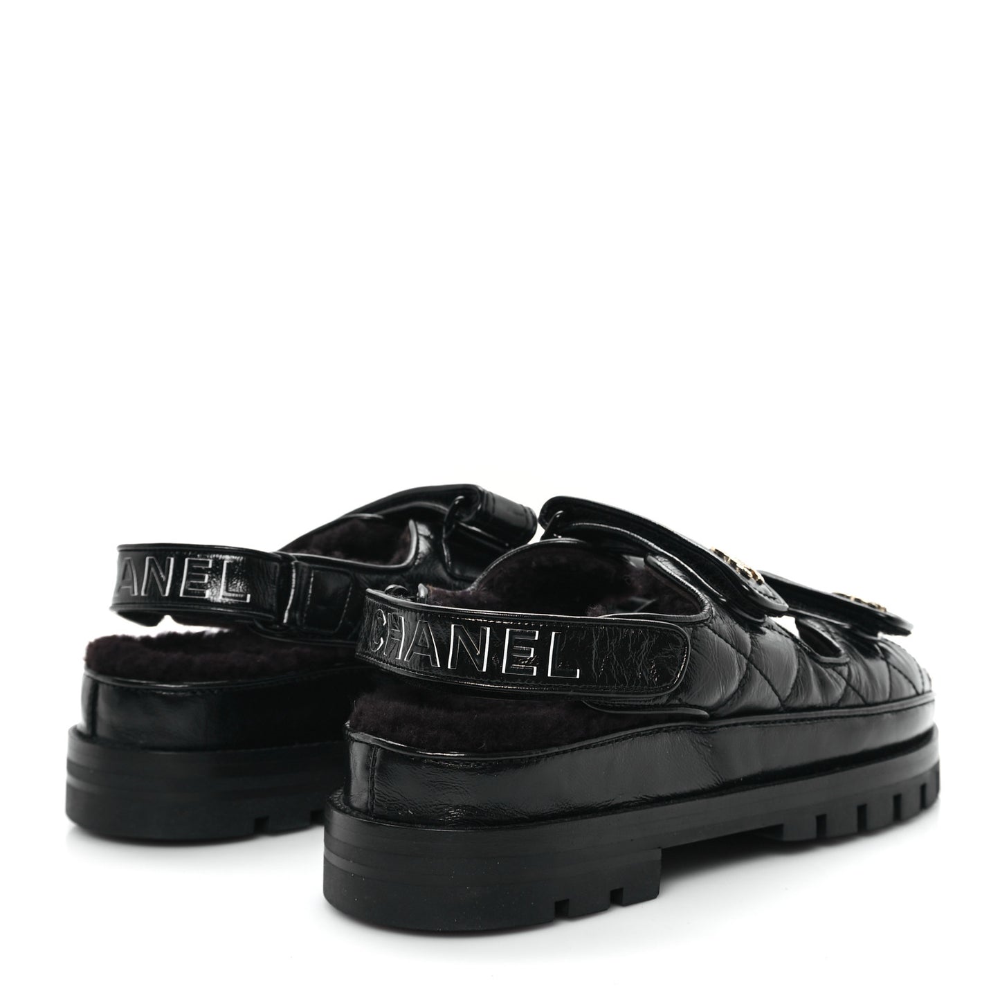 Laminated Lambskin Shearling Crystal CC Velcro Dad Platform Sandals 38 Black