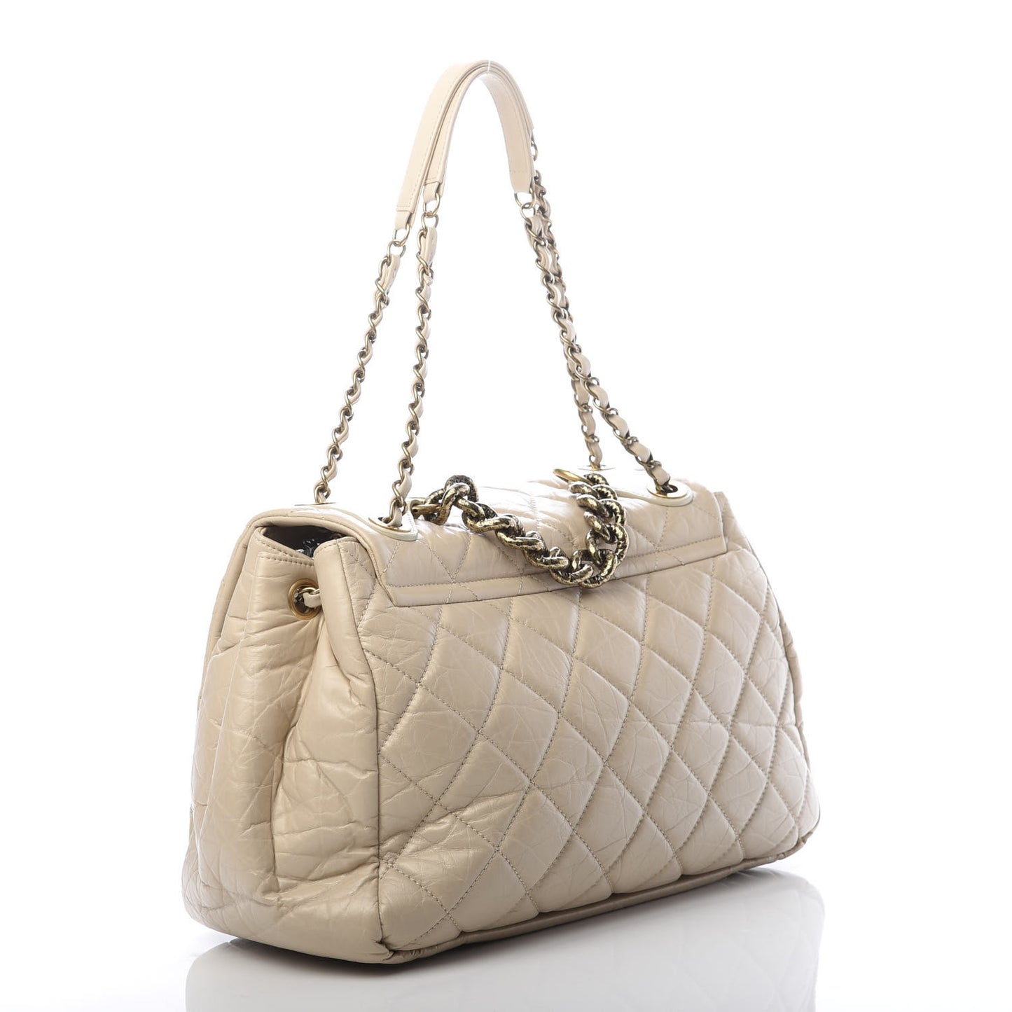 Aged Calfskin Quilted Large Pondichery Flap Beige