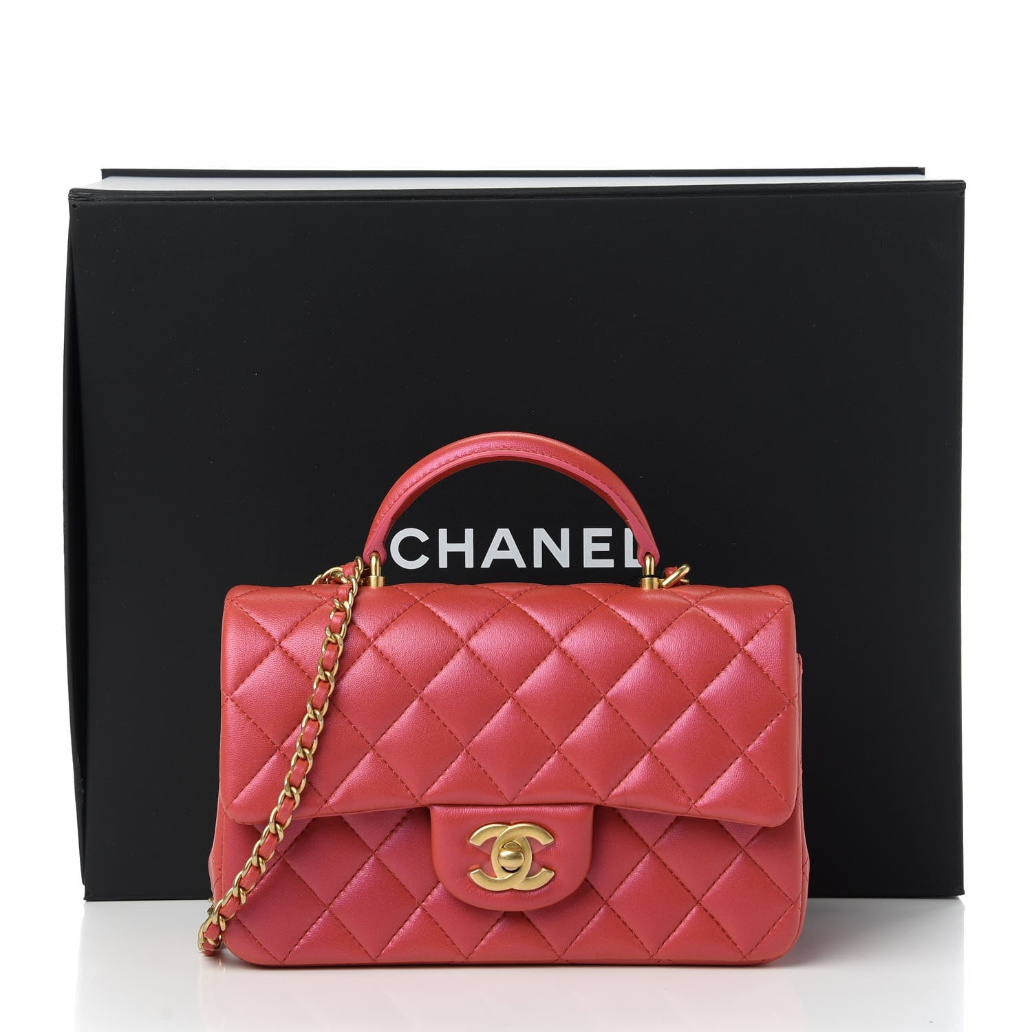 Chanel Iridescent Lambskin Quilted Mini Top Handle Rectangular Flap Red 11 of 11