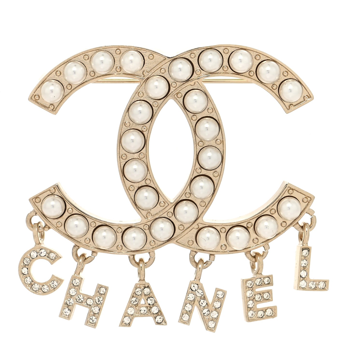 Crystal Pearl Signature Drop Brooch Gold