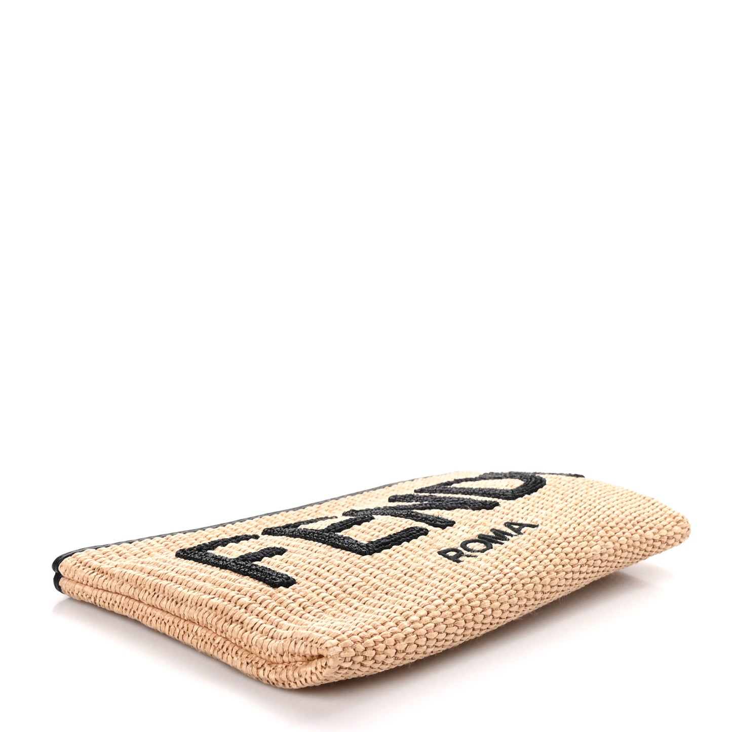 Straw Vitello King Logo Woven Medium Flat Pouch Paglia Black