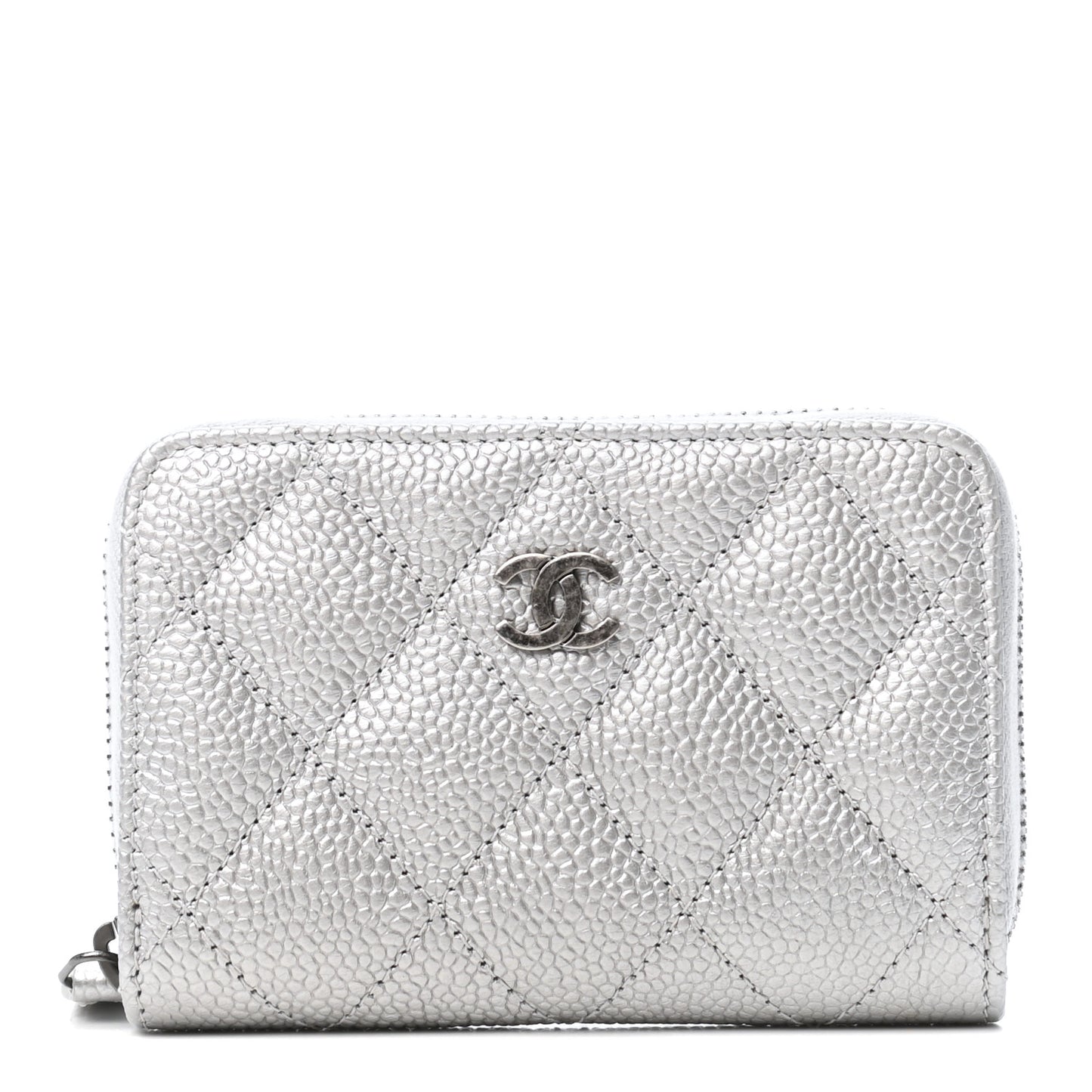 Metallic Caviar Quilted Zip Coin Purse Silver
