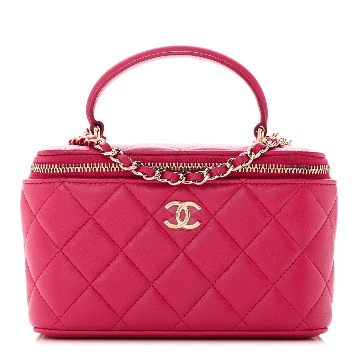 Lambskin Quilted Small Top Handle Vanity Case With Chain Dark Pink