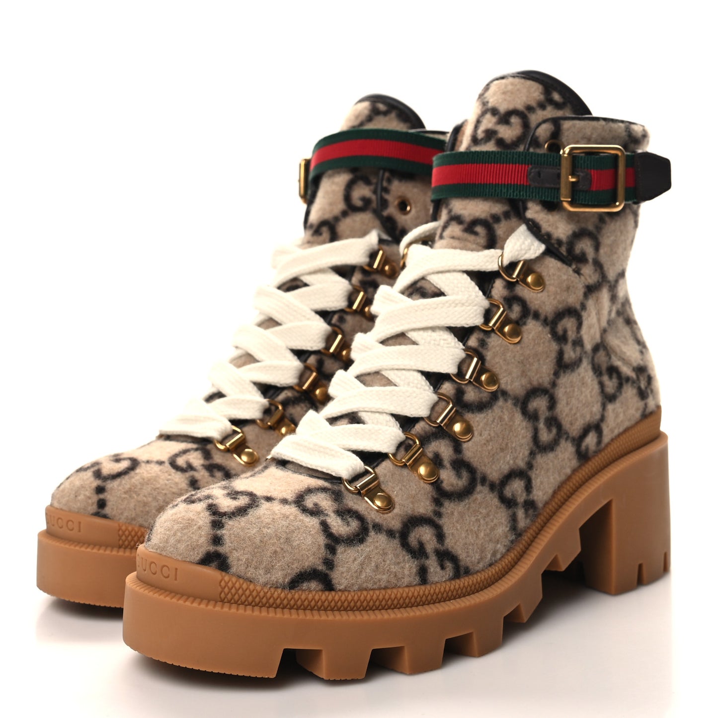 Covered Wool Big GG Monogram Womens Lace Up Combat Ankle Boots 39 Beige Ebony Cocoa