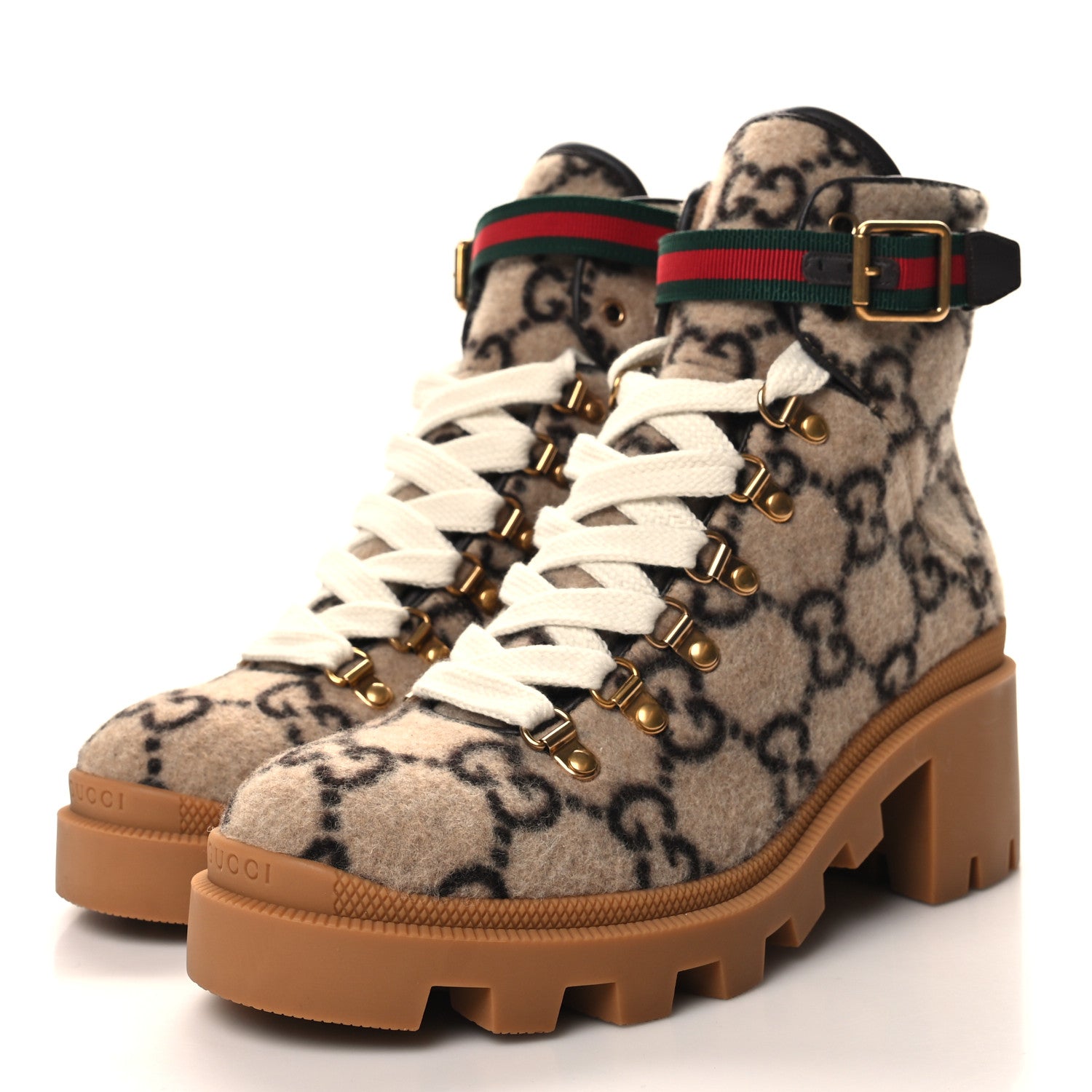 Gucci Covered Wool Big GG Monogram Womens Lace Up Combat Ankle Boots 39 Beige Ebony Cocoa 3 of 9