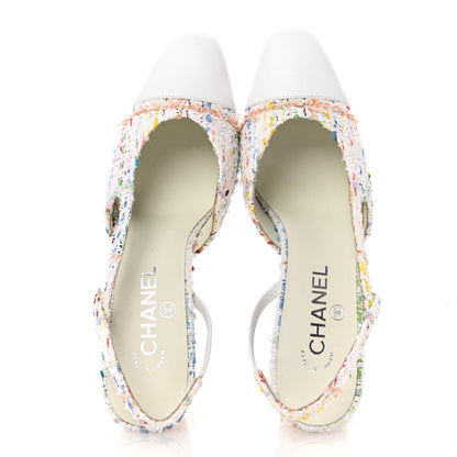 Chanel Tweed Lambskin Cap Toe CC Slingback Pumps 39 White Multicolor 2 of 11