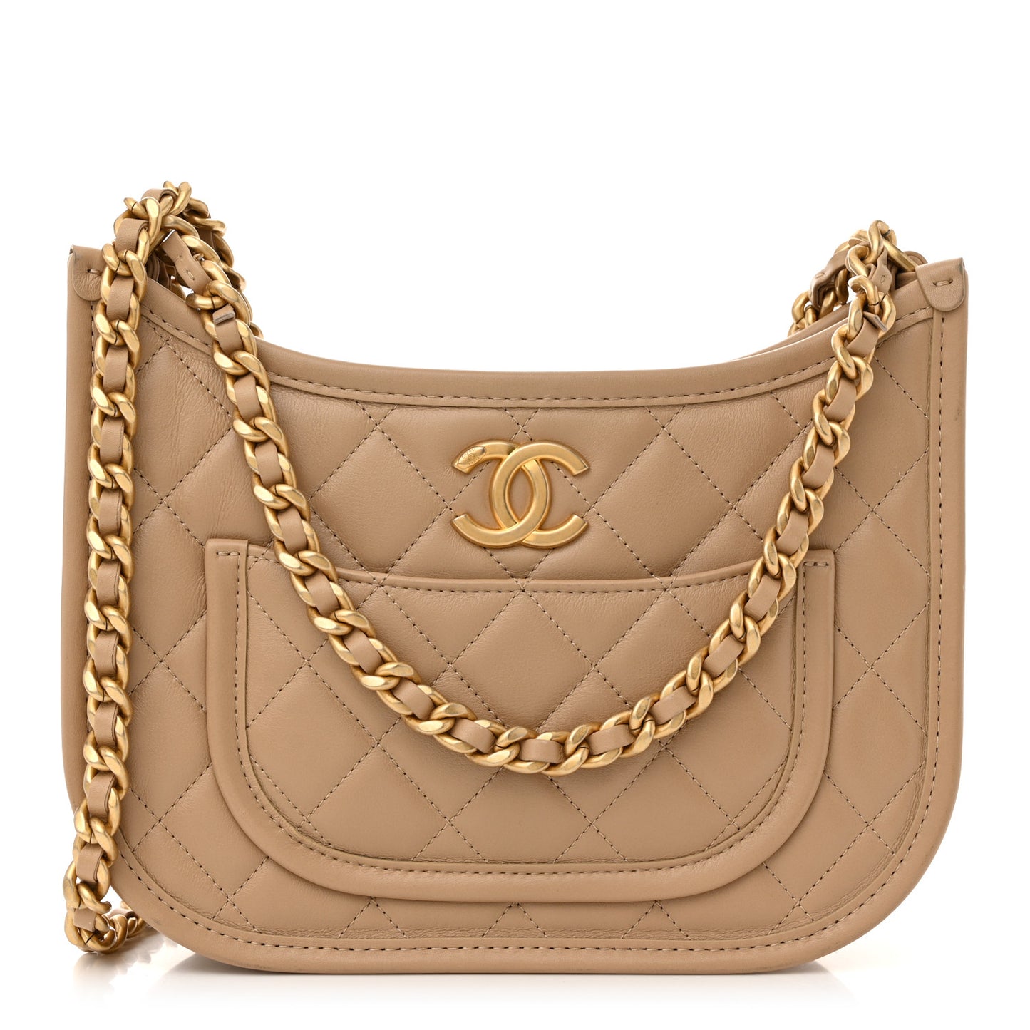 Calfskin Quilted CC Hobo Handbag Beige