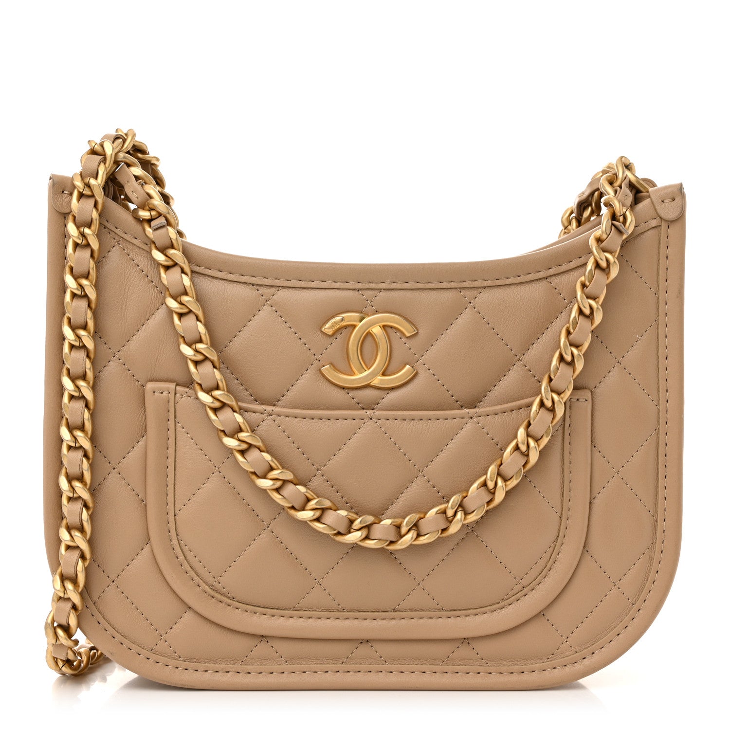 Chanel Calfskin Quilted CC Hobo Handbag Beige 1 of 10