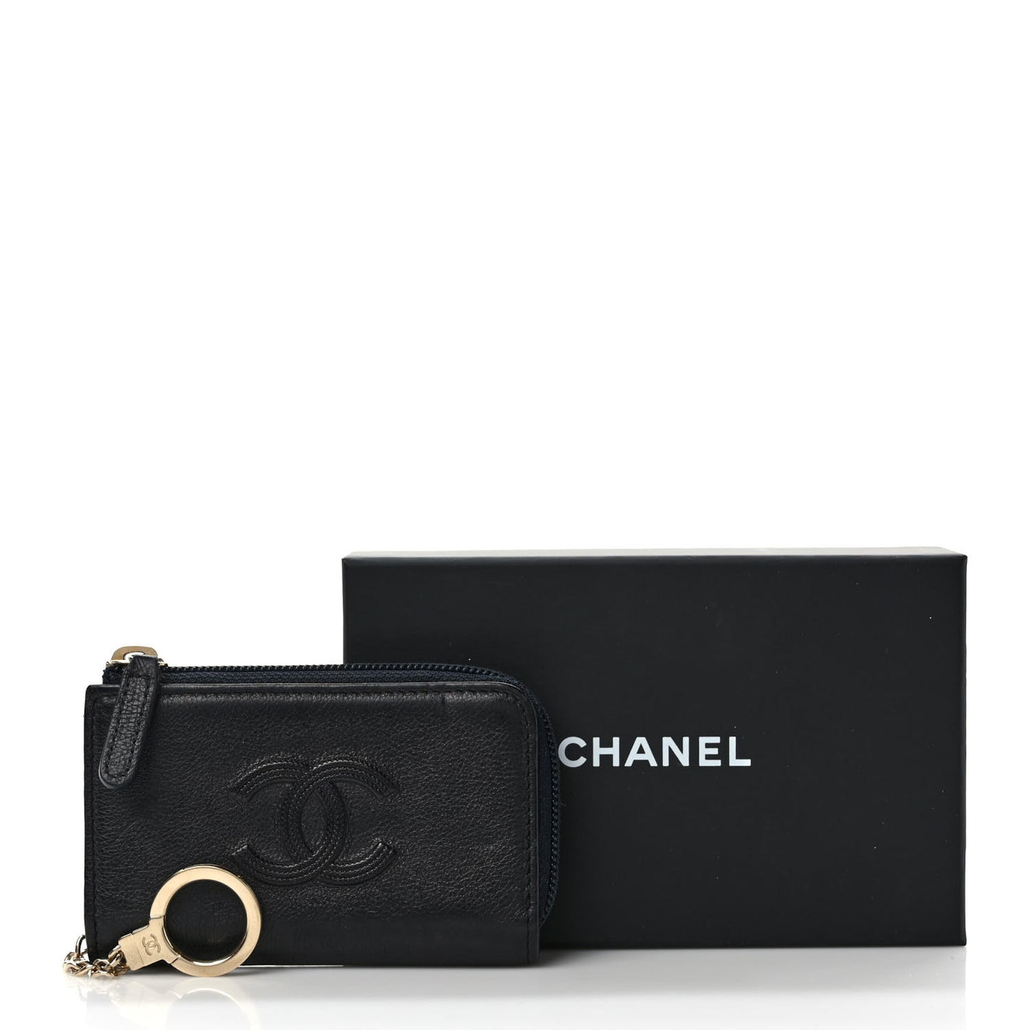 Calfskin Chain Embossed CC Key Holder Case Black